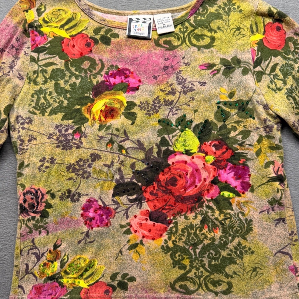 Take Two Clothing Co Womens Floral Beaded Cotton Long Sleeve Top Boho Grandma M - Picture 2 of 7